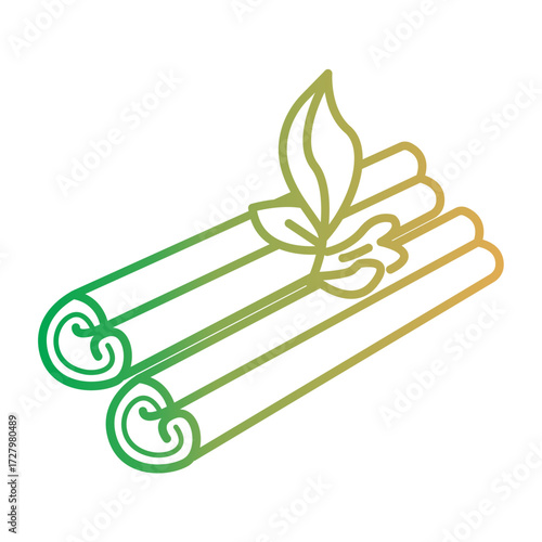 Vibrant gradient autumn line icon of rolled cinnamon sticks with a leaf, representing seasonal spices and culinary flavors