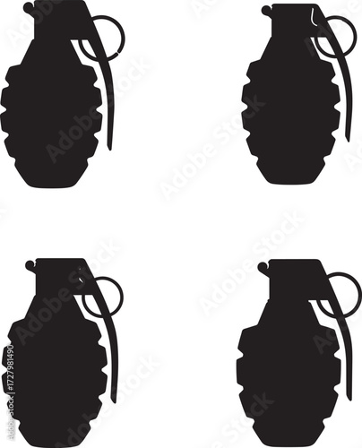 Four black silhouettes of grenades against a white background
