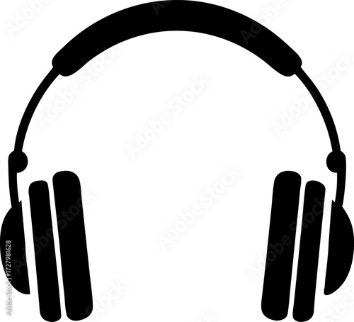 Minimalist silhouette of modern headphones in black, ideal for music, sound, audio, and technology themed designs.