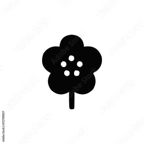Minimalist Japanese plum blossom icon. Simple black Ume flower silhouette with five petals and a stem, isolated on a white background for graphic design