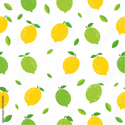Vibrant Lemon and Lime Pattern on White Background with Scattered Green Leaves