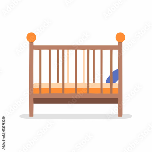 Wooden Crib Isolated on White Background with Orange Accents and Decorative Elements