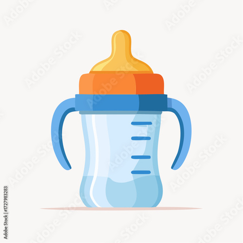 Illustrated Baby Bottle with Blue Handles and Orange Ring on White Background