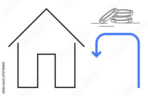 Minimal house outline next to coins and curved blue arrow. Ideal for finance, investment, mortgage, savings, real estate, economy, budgeting. Simple flat metaphor