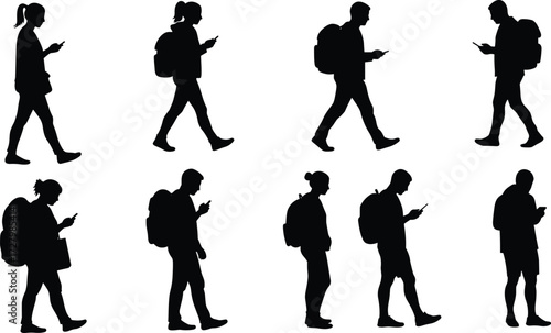People walking, man and woman silhouettes, using smartphone, backpack carrying, modern lifestyle, mobile phone users, black vector illustration, isolated design, casual activity