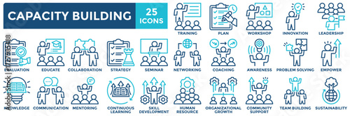Capacity building icon set collection in two-tone style. an icon pack contain educate, seminar, networking, leadership, knowledge, strategy, plan