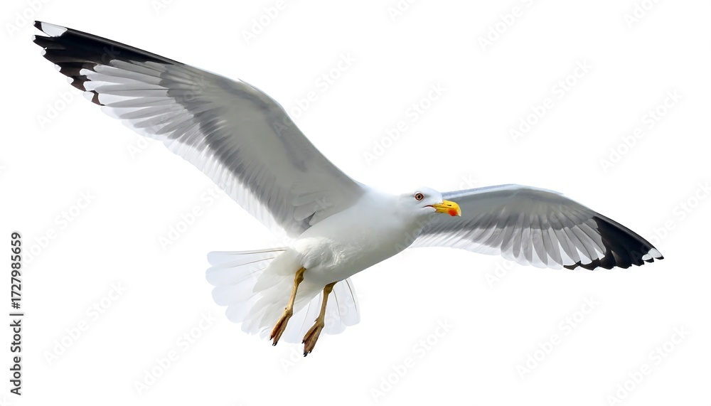 Fototapeta premium A seagull soaring against a plain white background