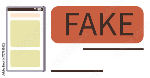 Smartphone layout with bold FAKE text in red rectangle. Ideal for misinformation, online safety, digital literacy, social media, skepticism, media bias, simple flat metaphor