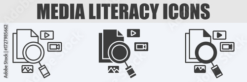 Media Literacy Icon Set Vector Illustration in Outline, Glyph, and Mixed