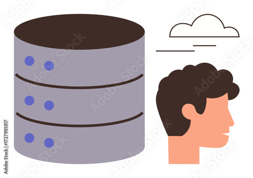 Stack of server storage disks alongside a human profile head and cloud icon, referring to database management, user accounts, cloud storage, and technology. Ideal for data, digital services, software
