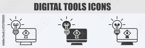 Digital Tools Icon Set Vector Illustration in Outline, Glyph, and Mixed
