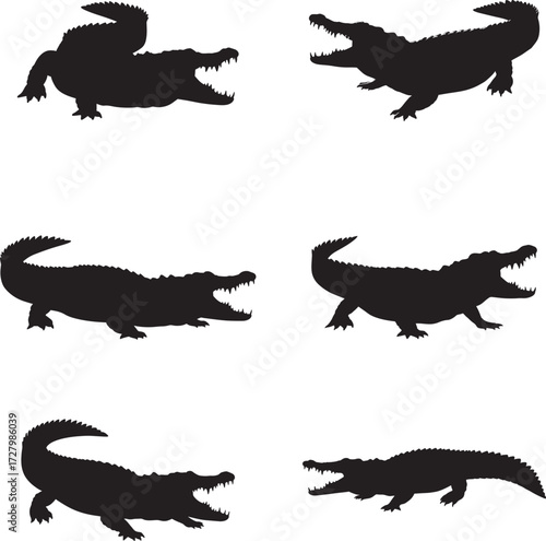 Collection of six black silhouette alligators in various dynamic poses