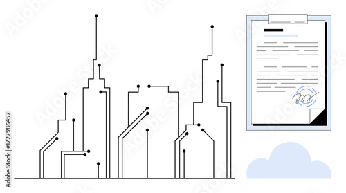 Skyscrapers connected by digital circuits signify a smart city network linked to a signed digital contract and cloud service. Ideal for technology, communication, urban planning, innovation, IoT