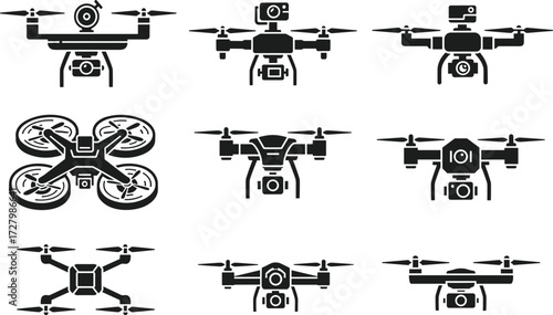 Drone, quadcopter, UAV, aerial, surveillance, technology, futuristic, flying, propeller, camera, sensor, isolated, icon, illustration, modern, graphic, equipment, unmanned, aviation