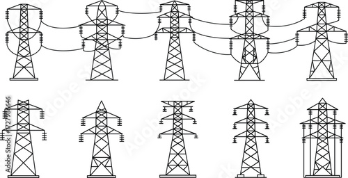 Electrical transmission towers, power pylons, energy infrastructure, high voltage lines, industrial landscape, grid network, engineering structure, utility poles, electricity distribution