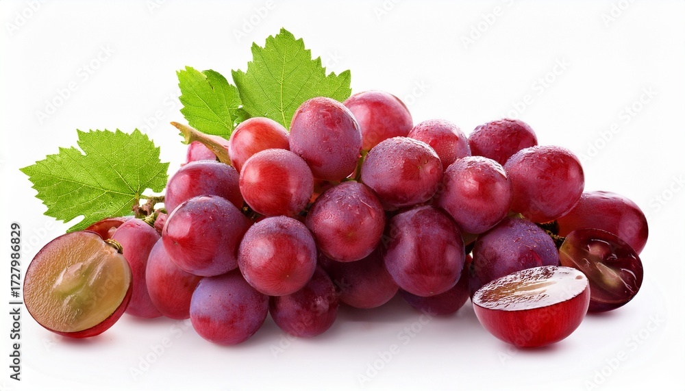 Obraz premium Fresh Red Grapes Cluster With Whole And Sliced Grapes Isolated On Transparent Background