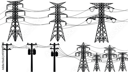 Electrical transmission, power grid, utility poles, high voltage, energy infrastructure, transformers, distribution lines, lattice towers, electricity network, industrial landscape
