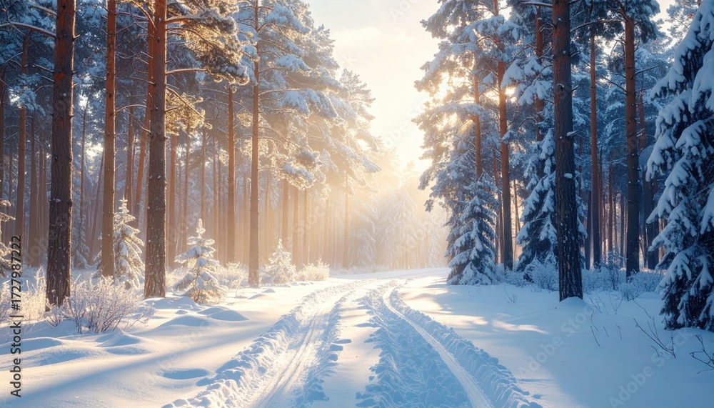 Naklejka premium Snowy Forest Road with Sun Shining Through Trees in Winter Landscape Scene Majestic Pine Trees Snow Covered Branches and Tire Tracks