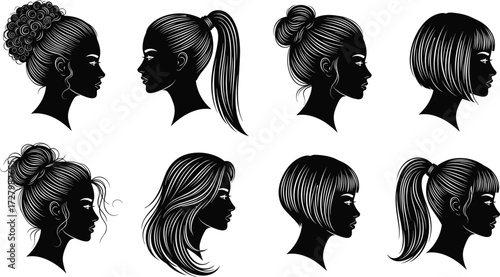 Female hairstyle silhouettes, elegant woman profiles, side view hair art, trendy updos and bob cuts, beauty illustration collection