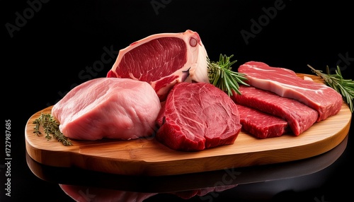 Pieces Of Meat Of Different Types On The Board Beef And Pork Top