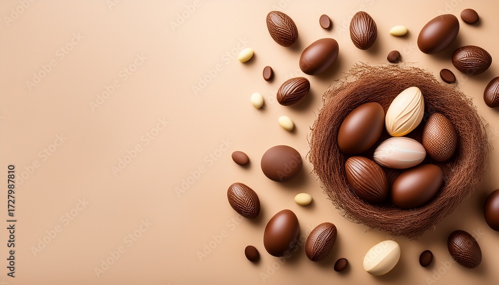 Fototapeta premium Easter Wallpaper With Chocolate Eggs On A Beige Background With Copy Space