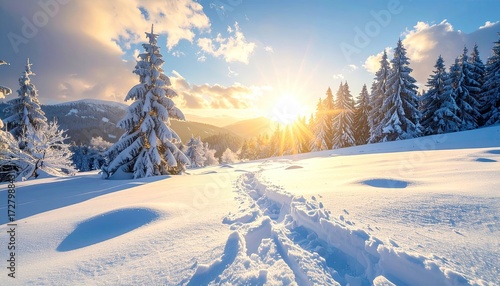 Wallpaper Mural Snowy Landscape with Sunlight Through Trees in Winter Season Snowcapped Ground and Footprints Against Mountain Range Torontodigital.ca