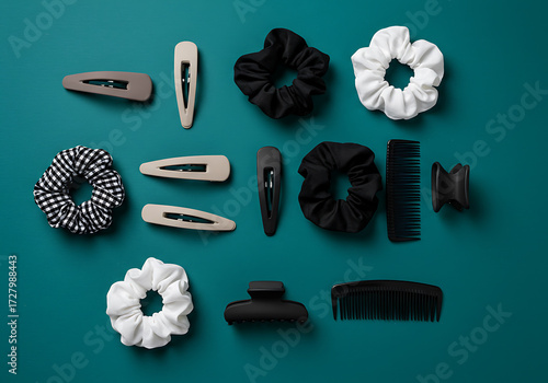 Overhead shot of various hair accessories including scrunchies, hair clips, combs, and a claw clip arranged on a teal background.