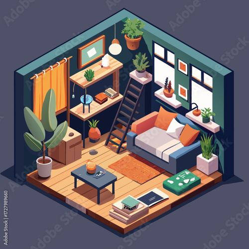 A cozy, isometric vector illustration of a sustainable tiny home interior. Key details include: a loft bed, a small living area with plants, a kitchenette with mason jars, a laptop on a wooden desk, a
