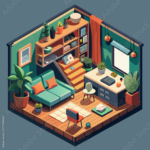 A cozy, isometric vector illustration of a sustainable tiny home interior. Key details include: a loft bed, a small living area with plants, a kitchenette with mason jars, a laptop on a wooden desk, a