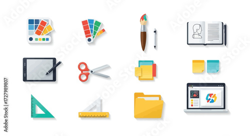 Collection of graphic design tools and resources, including color palettes, paintbrushes, sketchbooks, tablets, scissors, folders, and notepads.