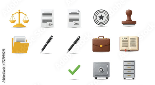 A collection of legal and business-related icons, including scales of justice, documents, pens, a briefcase, a safe, and a filing cabinet.