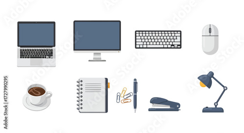Collection of office equipment and supplies, including laptop, monitor, keyboard, mouse, coffee cup, notebook, pen, paperclips, stapler, and lamp.