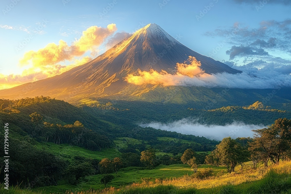 Fototapeta premium Majestic snow-capped mountain with golden sunlight illuminating green forest and scattered clouds in a serene landscape