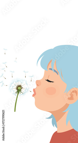 Young man and girl silhouette illustration with dandelion flower in spring nature