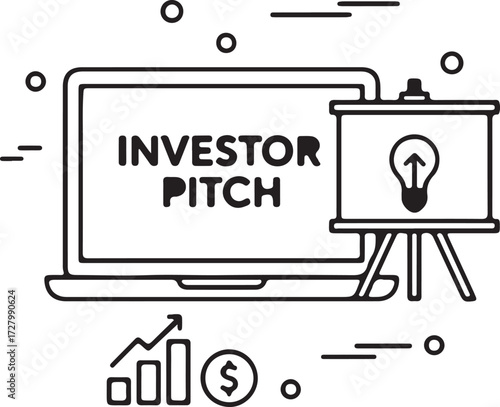 Investor pitch concept with laptop presentation board and charts vector illustration