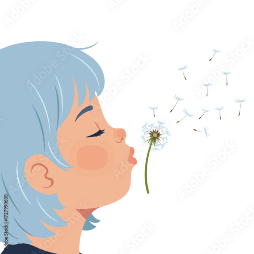 Vector illustration of a beautiful woman silhouette with long hair and a dandelion flower blowing in the spring breeze