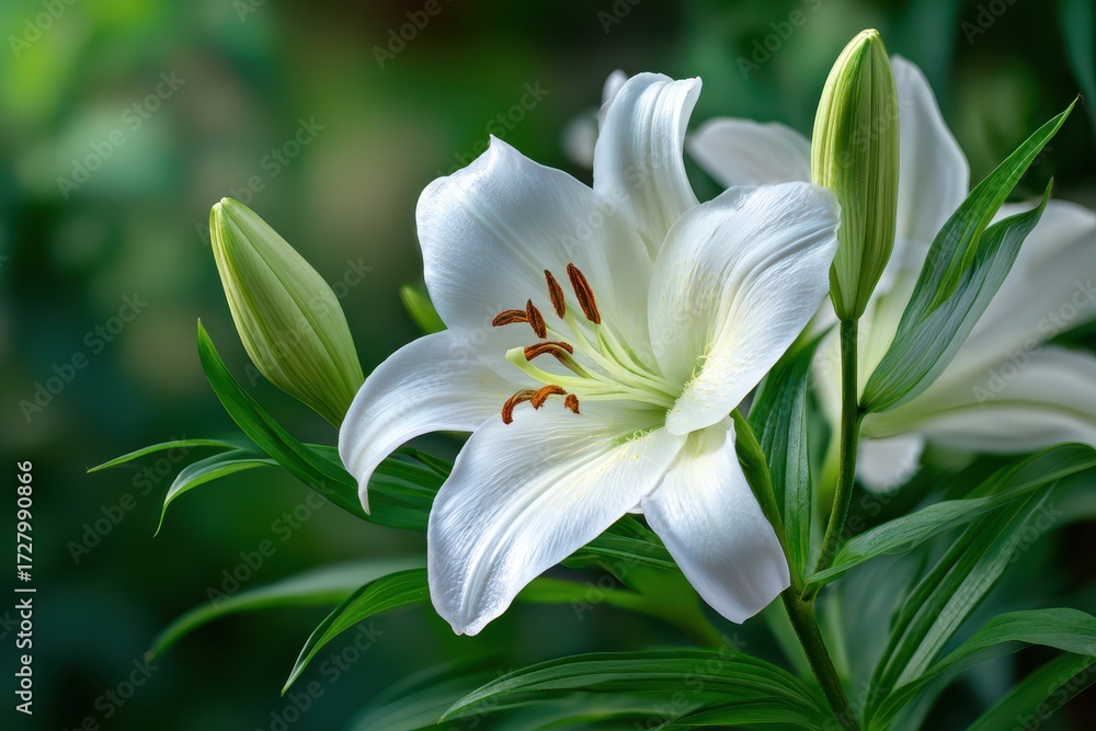 Fototapeta premium Delicate White Lily in Full Bloom, Soft Focus, Natural Light, Green Background.
