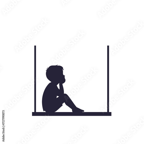  the silhouette of a child sitting on a windowsill, resting their chin on their hands while looking outside (which is unseen)