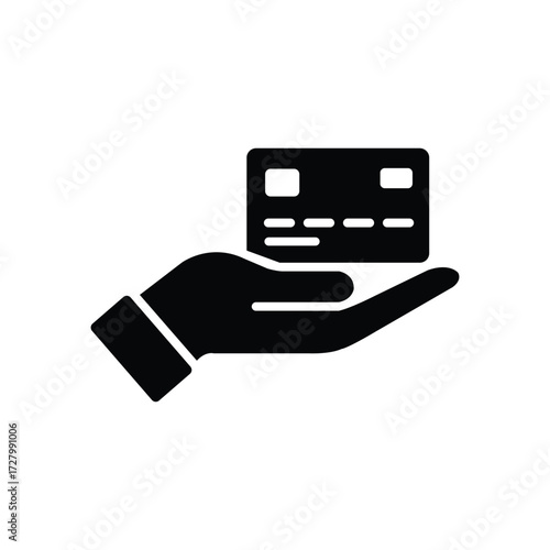 Hand is presenting a black credit card isolated on a white background