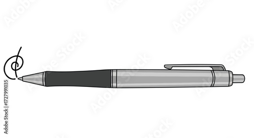 Close-up of a ballpoint pen, showing its design and features.