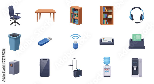 A collection of office and technology-related items displayed on a white background.