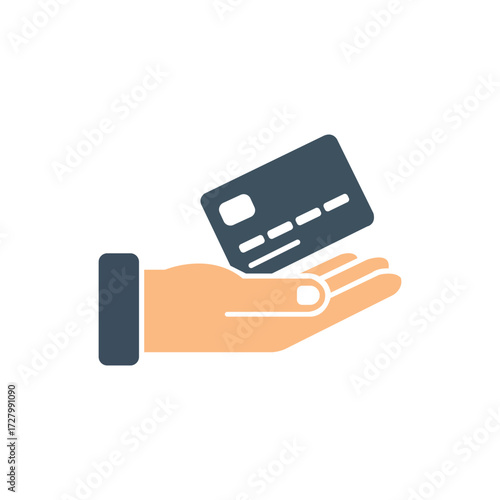 human hand presents an elegant blue credit card against a clean white background
