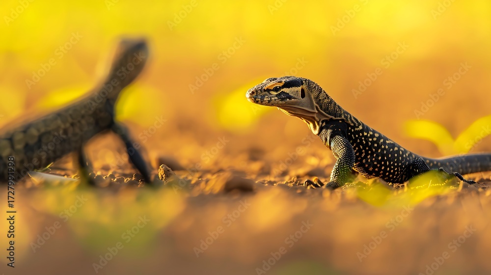 Obraz premium Two lizards in the warm sunlight on the dry ground