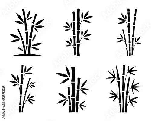 Six different black bamboo trees feature leaves and stalks on a white background