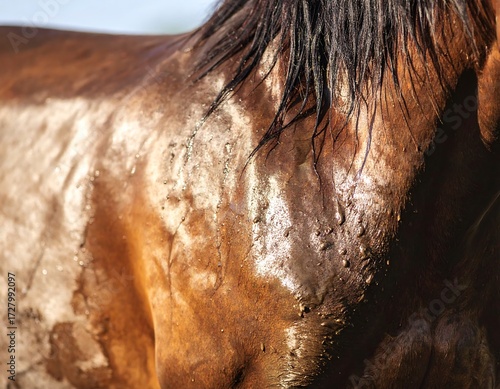 Close-up of a horse's dirty, sun-drenched flank
