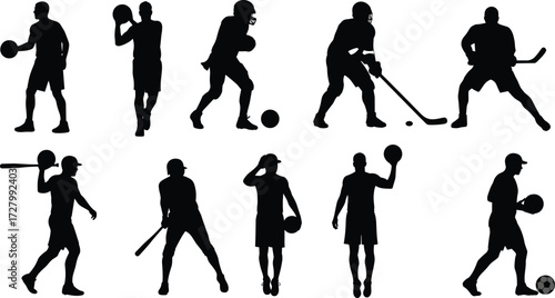 Silhouette athletes playing basketball, football, baseball, hockey, soccer, holding ball, sports training, fitness activity, team competition, active lifestyle, exercise