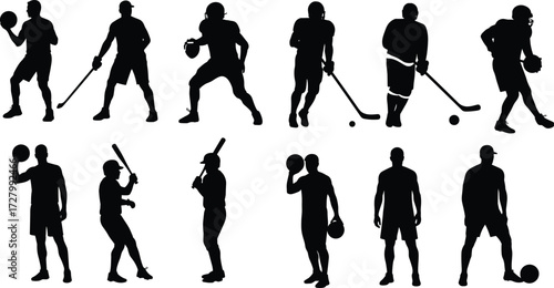Silhouette athletes playing basketball, football, baseball, hockey, soccer, active sports training, fitness exercise, competition, teamwork, ball games, outdoor activity