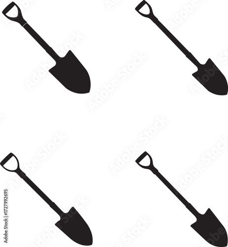 Four black silhouettes of garden shovels on a white background