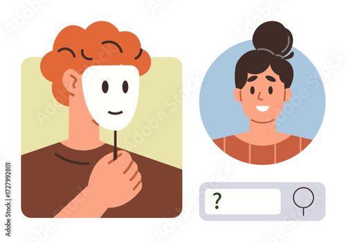 Individual with a mask hiding identity, woman s profile in a circle, magnifying glass, search bar. Ideal for privacy, online security, social identity, anonymity, cybersecurity self-perception