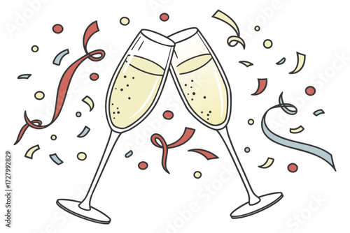 Two champagne glasses clinking with festive confetti.
